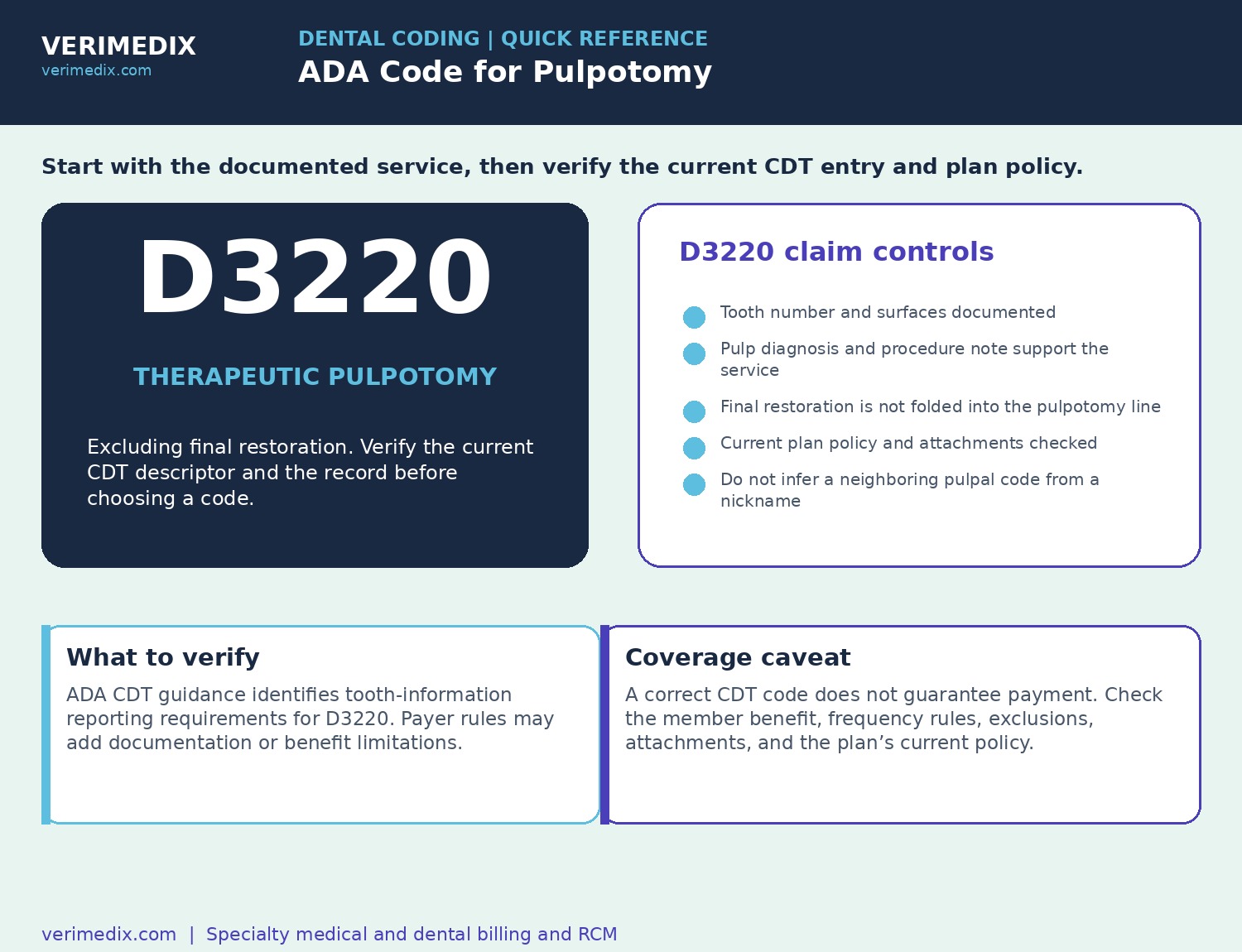 ADA CDT pulpotomy code map highlighting D3220 documentation and payer checks