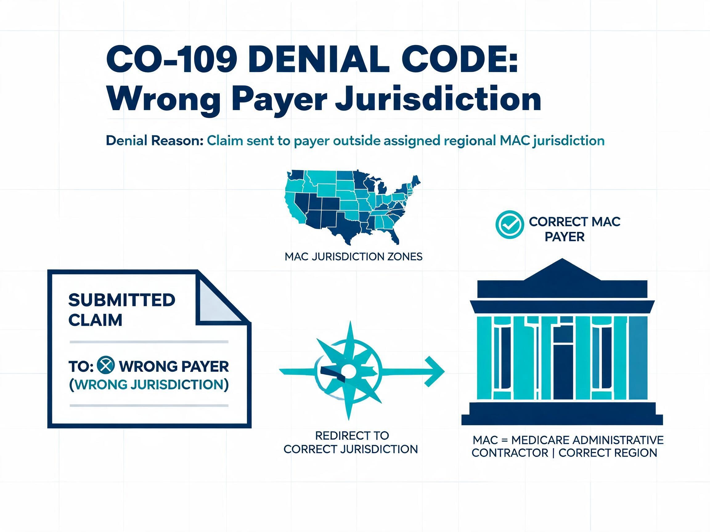 CO-109 denial code — claim not covered by this payer or contractor, MAC jurisdiction routing