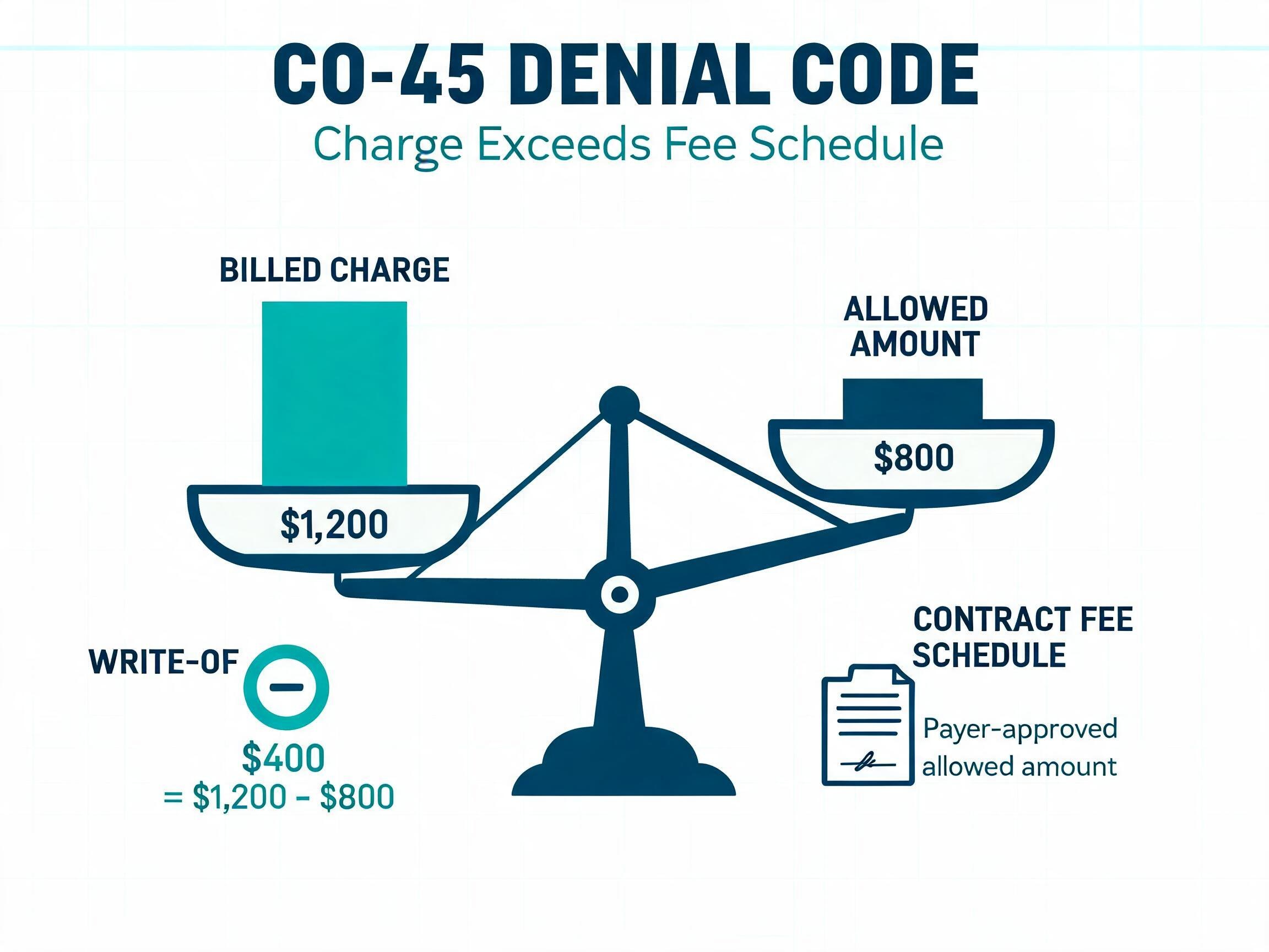 CO-45 denial code charge exceeds fee schedule contractual adjustment on an EOB