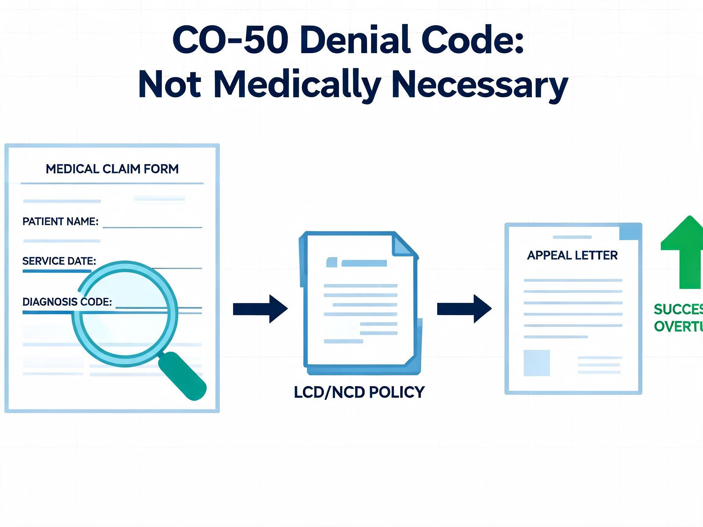 CO-50 denial code not medically necessary — LCD NCD criteria and appeal documentation