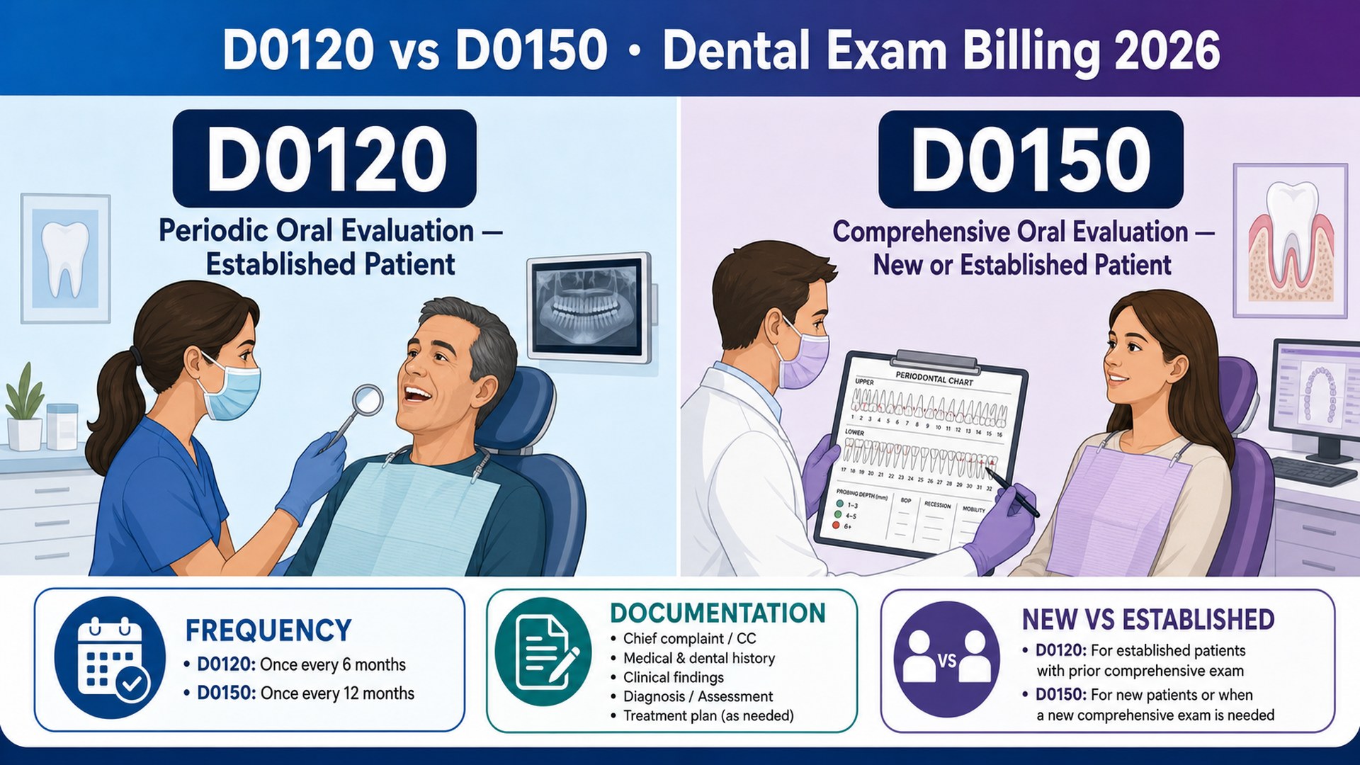 D0120 vs D0150: Periodic vs Comprehensive Oral Evaluation Billing (2026)