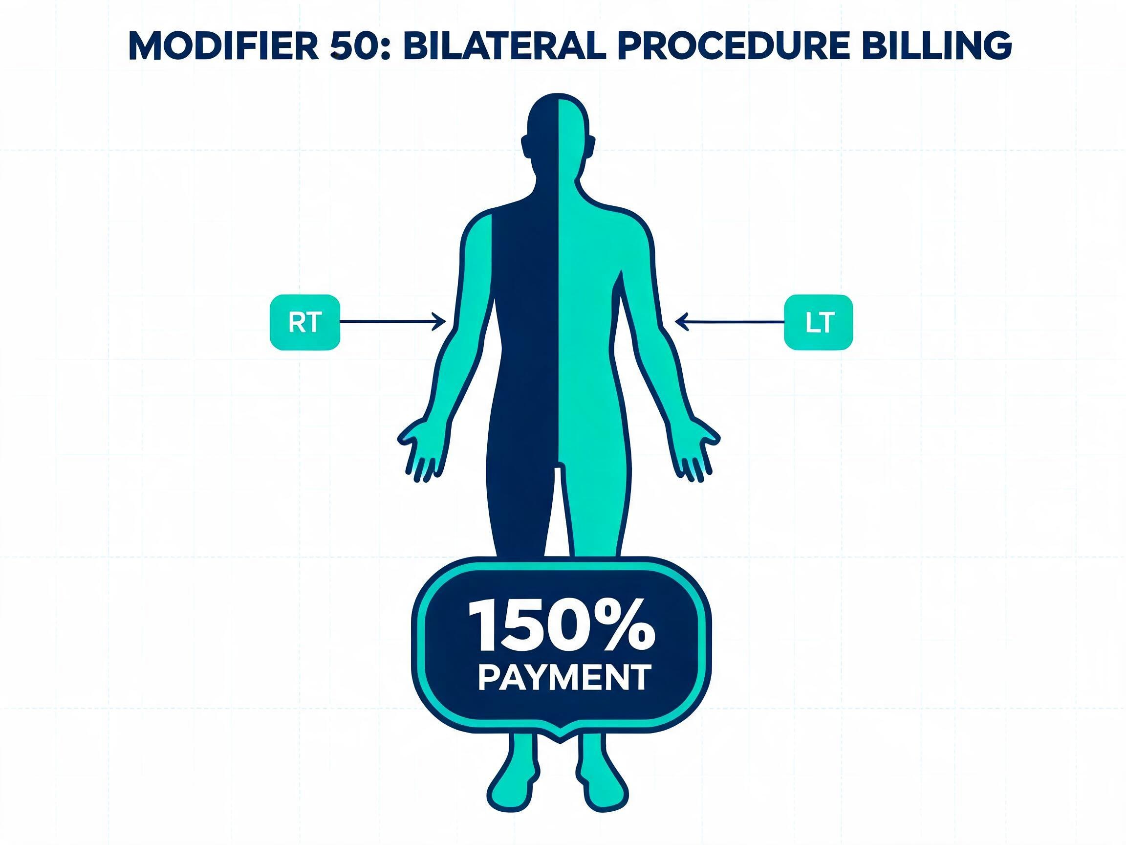 Modifier 50 bilateral procedure billing chart showing MPFS bilateral indicators, 150 percent payment rule, and modifier 50 vs RT LT payer formats