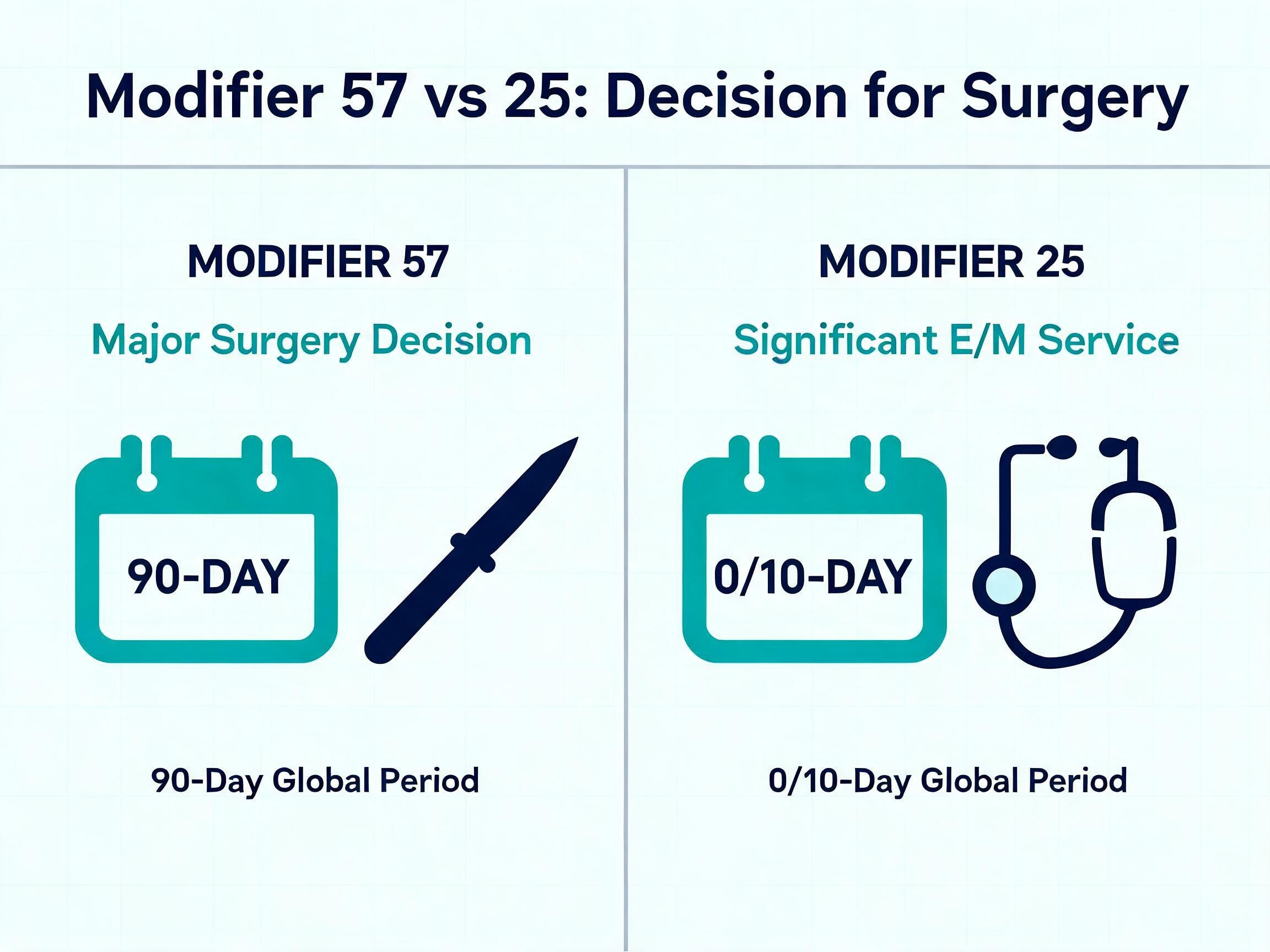 Modifier 57 vs modifier 25 decision chart showing major surgery 90-day global period versus minor procedure same-day E/M billing