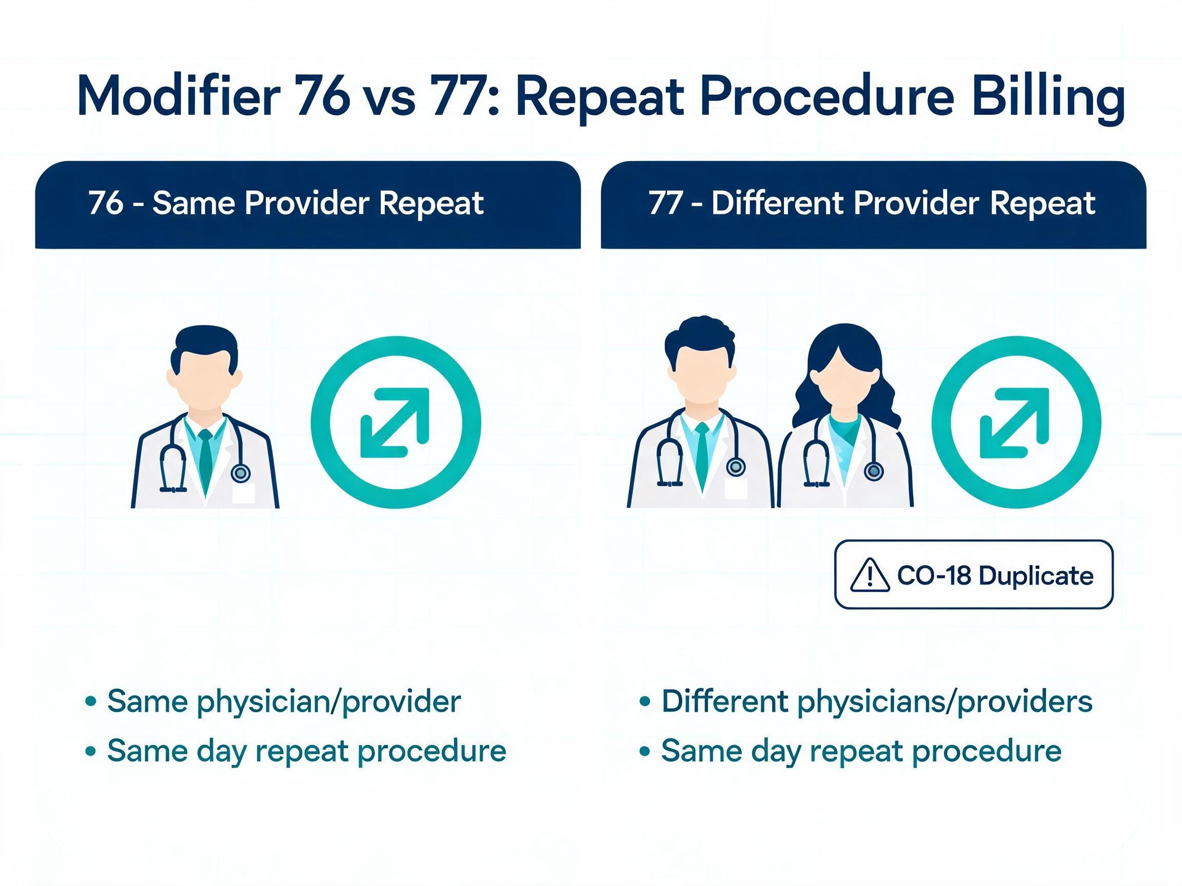 Modifier 76 vs modifier 77 comparison showing repeat procedure by same provider versus different provider and CO-18 duplicate denial prevention
