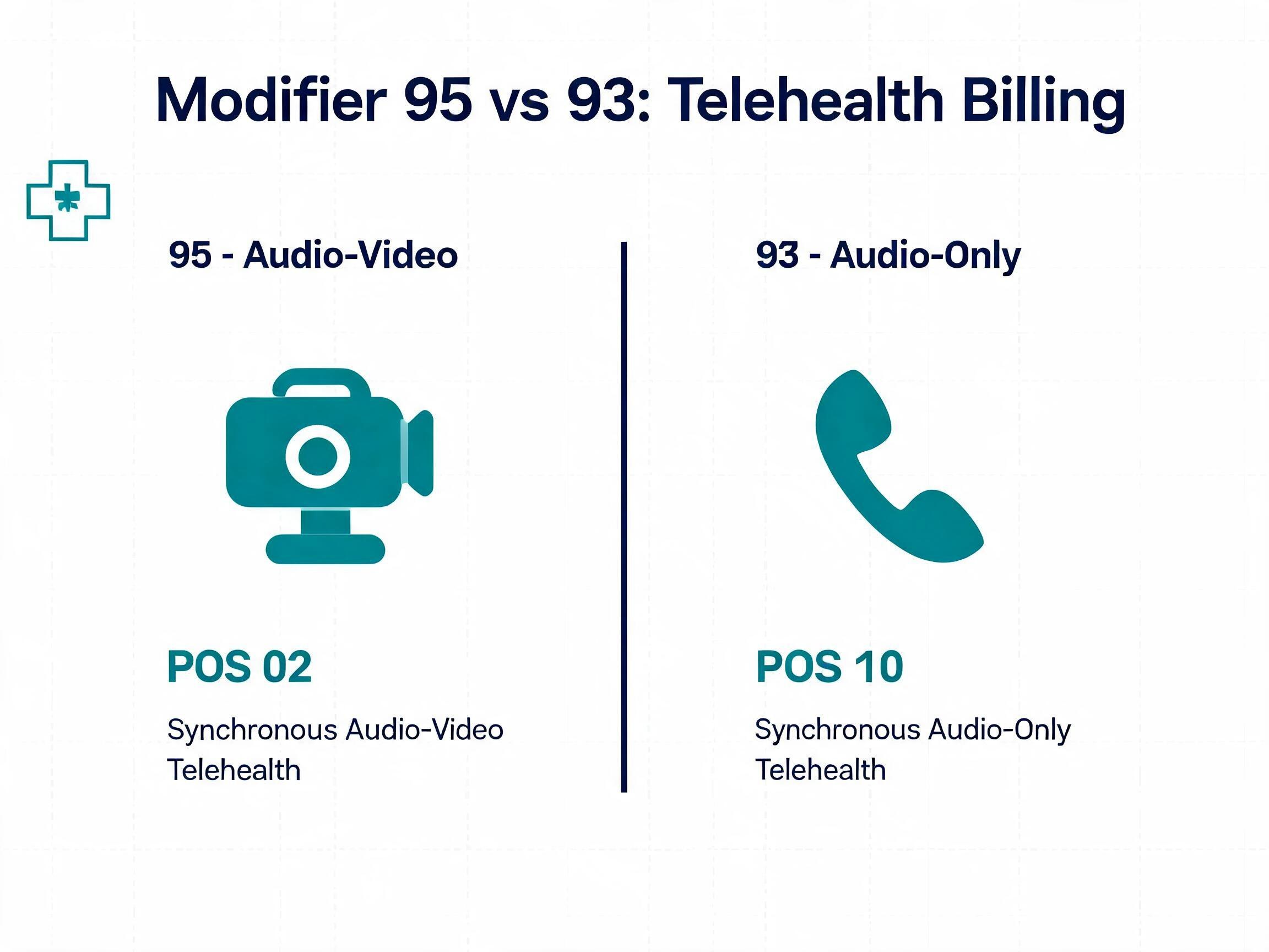 Modifier 95 vs modifier 93 telehealth billing comparison with POS 02 and POS 10 rules for 2026