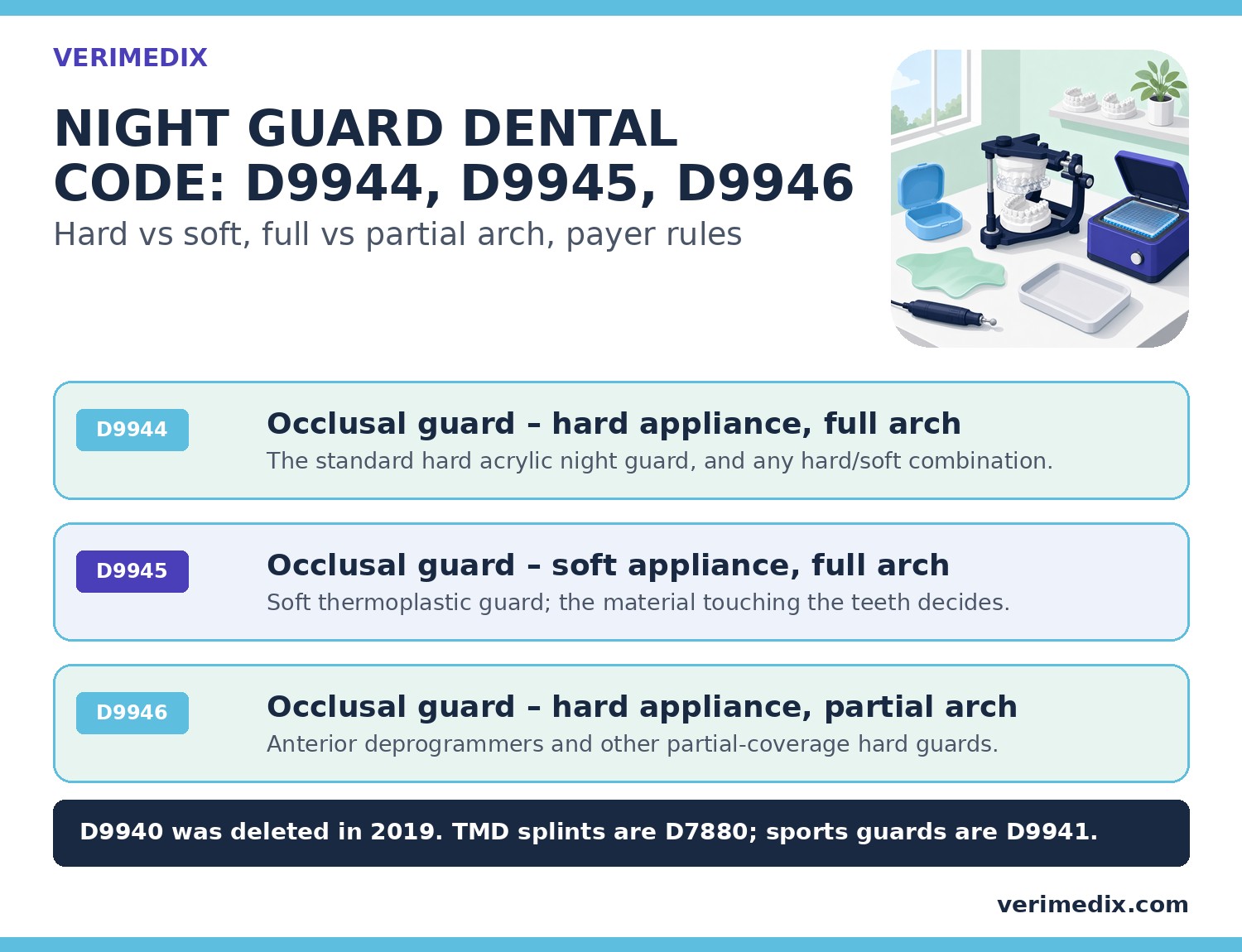 Night guard dental code infographic: D9944 hard appliance full arch, D9945 soft appliance full arch, D9946 hard appliance partial arch; D9940 deleted in 2019, TMD splints are D7880 and sports guards are D9941