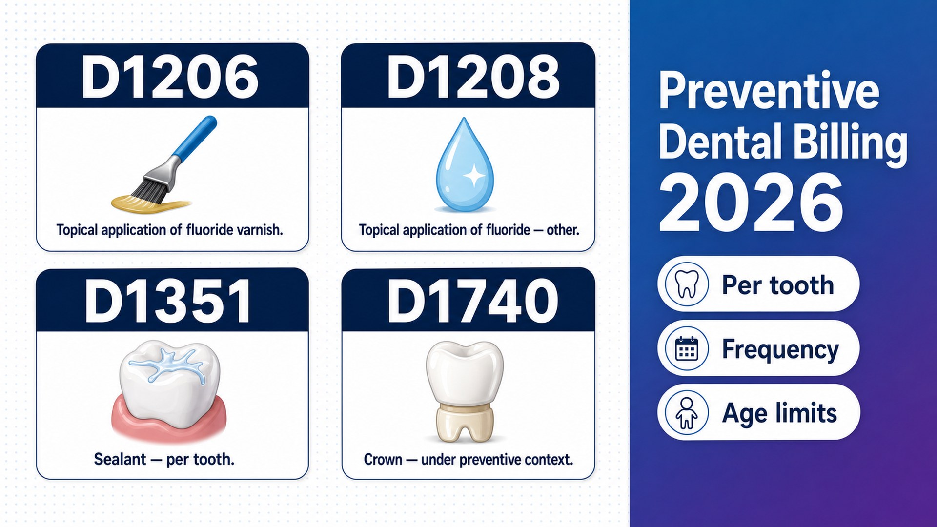 D1206, D1208, D1351, and D1740: Preventive Dental Billing Guide (2026)
