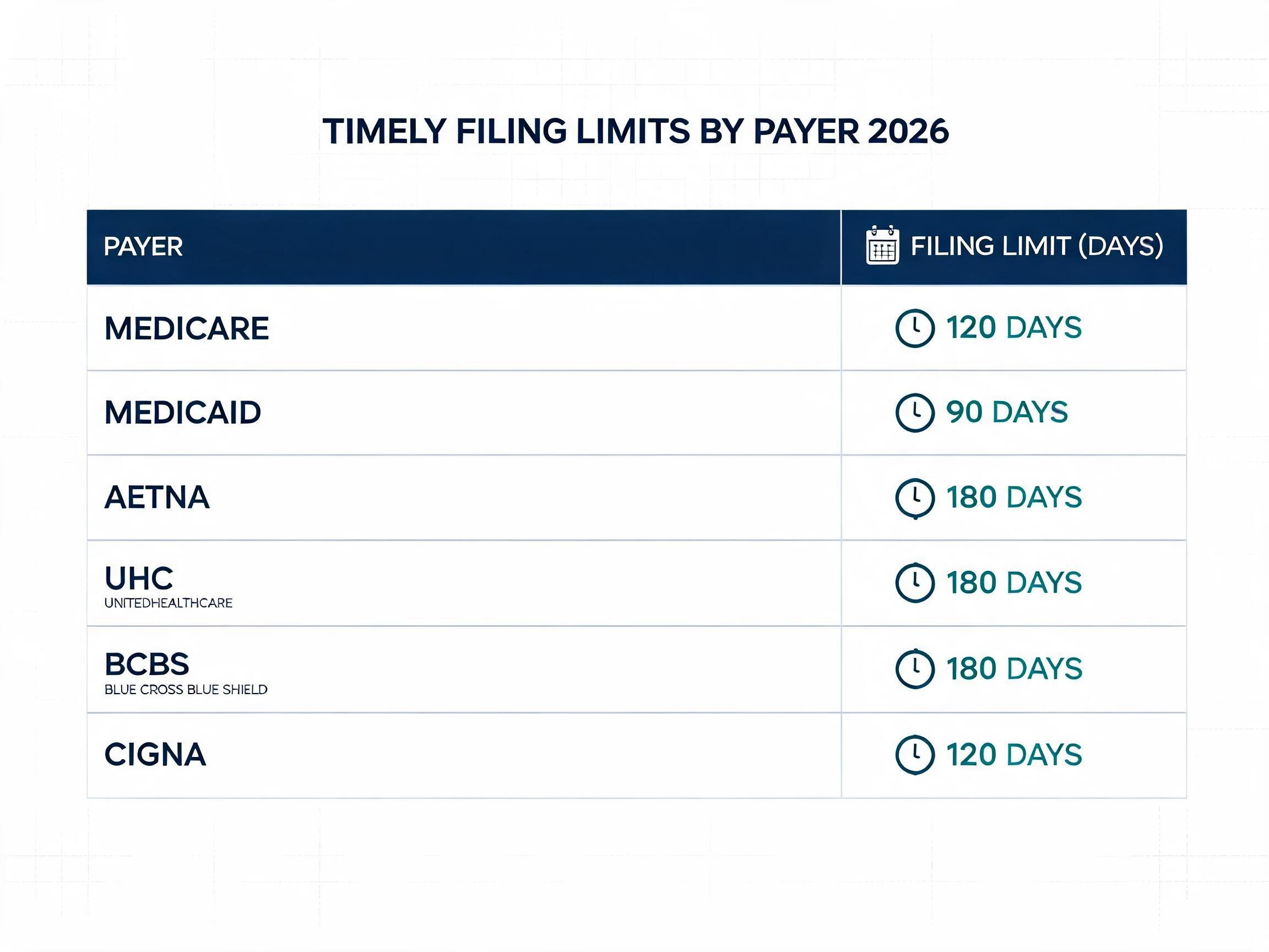 Timely filing limits by payer for 2026 including Medicare, Medicaid, Aetna, UHC, Cigna and BCBS deadlines